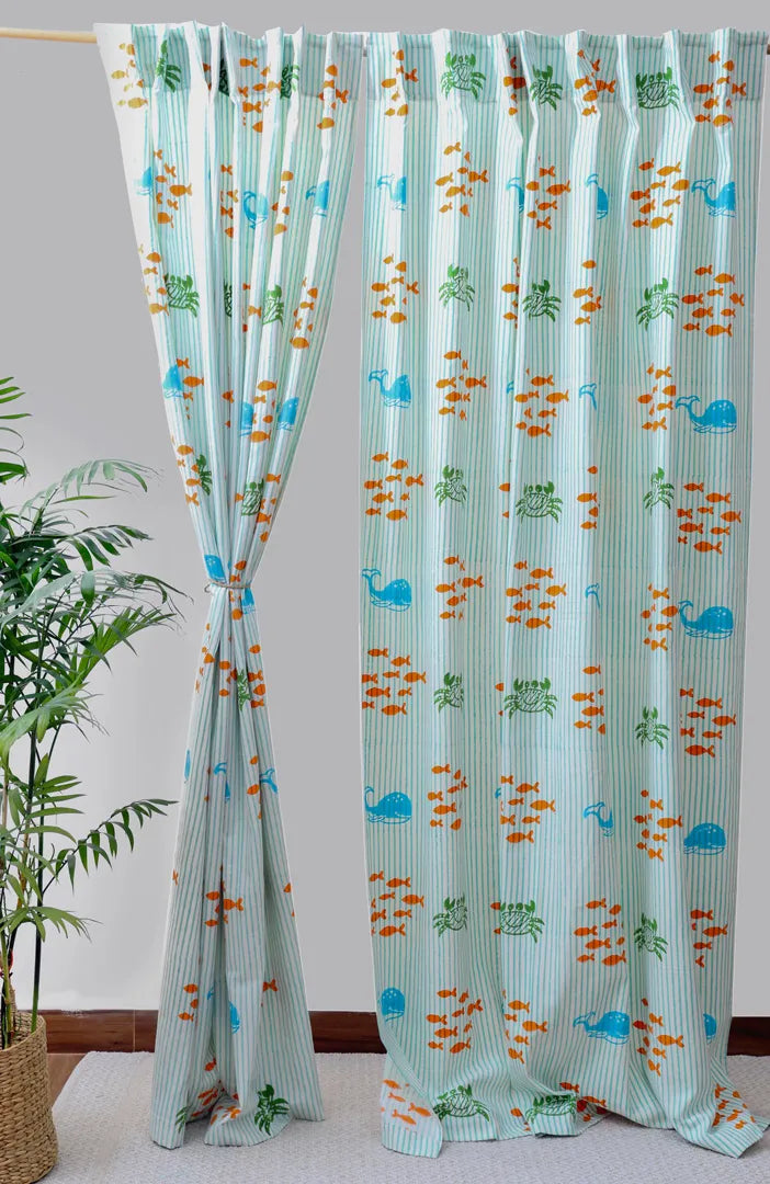 Undersea Oasis Kids Block Print Cotton Curtain