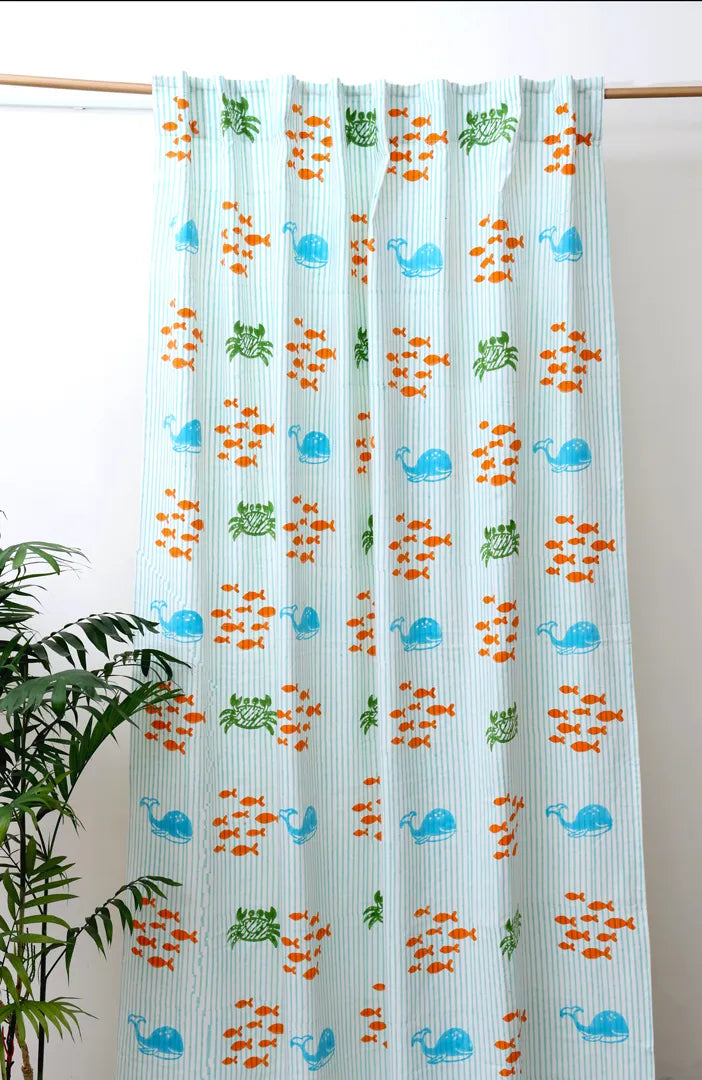 Undersea Oasis Kids Block Print Cotton Curtain