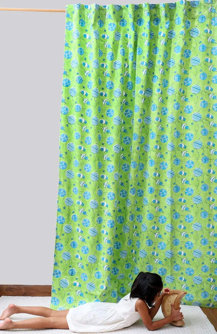 Galactic Adventure Block Print Cotton Curtain