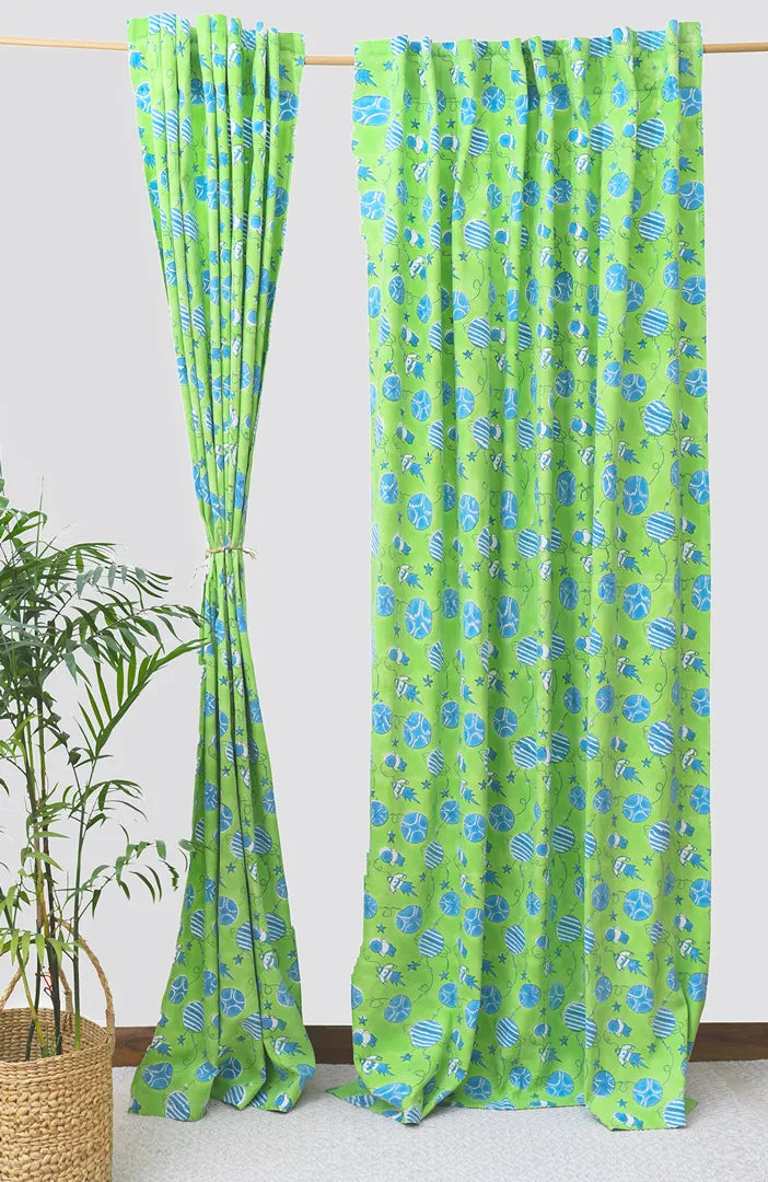 Galactic Adventure Block Print Cotton Curtain