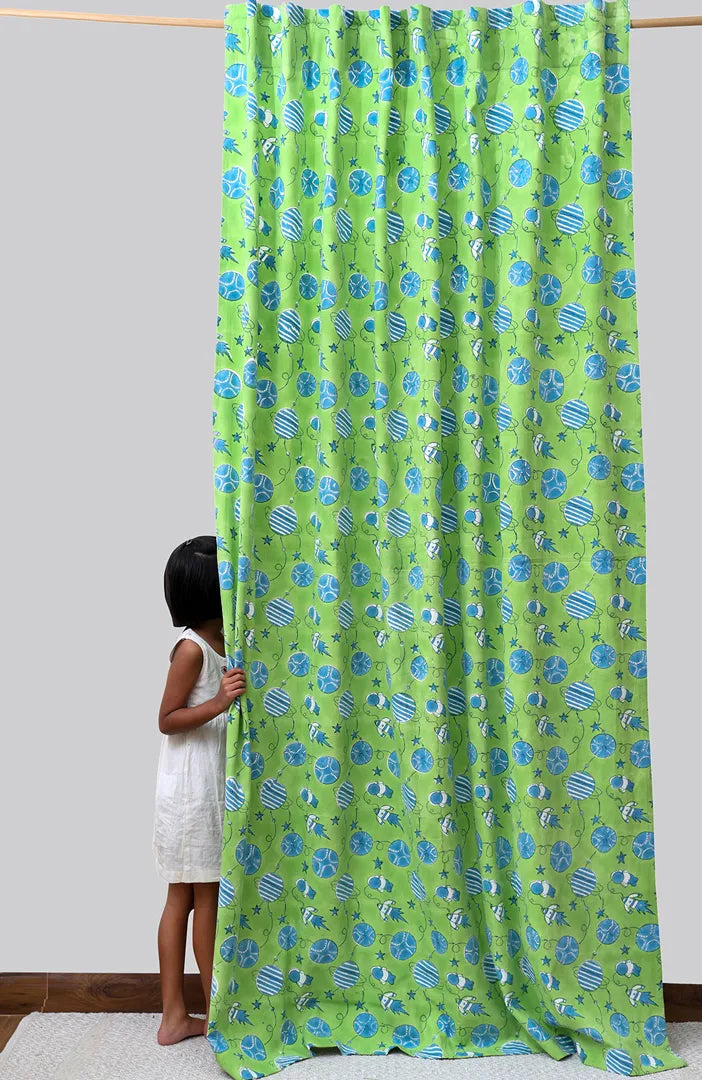 Galactic Adventure Block Print Cotton Curtain